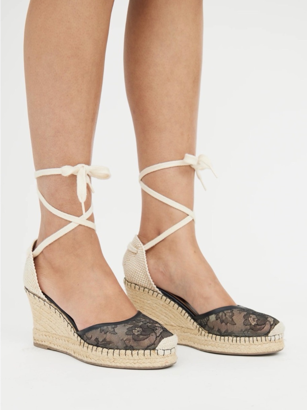 Valentino Black Lace and Cream Espadrille Wedges with Ankle Ties